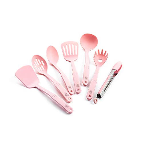 GreenLife Cooking Tools and Utensils, 7 Piece Nylon Set including Spatulas Turner Spoons and Tongs, Heat Resistant Spatula and Spoons, BPA-Free, Pink - color: Soft Pink