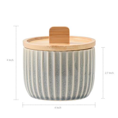 Salt Cellar Keeper with Bamboo Lid, 14oz Big Capacity Ceramic Sugar Bowls Pepper Box, Crackle Glaze Seasoning Container Condiment Pot for Kitchen (Grey Color) - color: Gray