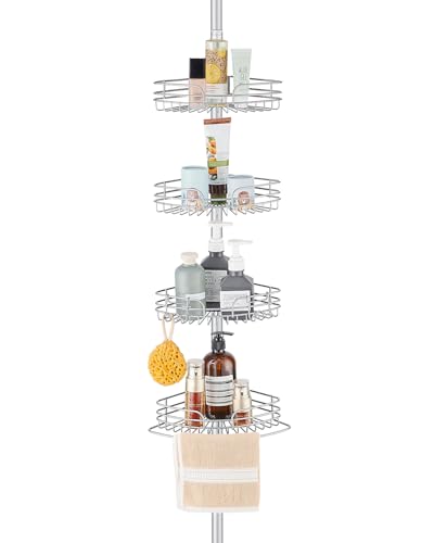 WPT Grey Shower Caddy Tension Pole for Bathroom, Stainless Steel Corner Shower Caddy Organizer Stand for Bathtub Shampoo Storage, 4 Tier Adjustable Shelves, 28.7 to 104.7 Inches - color: Grey
