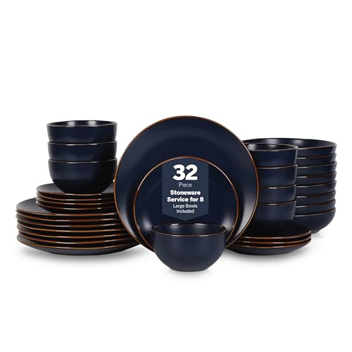 Stone Lain Brasa Stoneware 32 Piece Modern Dinnerware Sets, Plates and bowls, Service for 8, Blue, Microwave & Dishwasher Safe - color: Blue, size: 32-Piece Service for 8