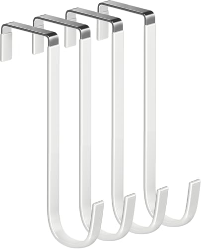Single Over Door Steel Hooks 4 Pack Fit 1-3/4" Door 7.5" White | Plastic Coated Rubber Feel Towel Rack Robe Coat Shoe Wreath Hanger No Damage No Scratch for Bathroom Heavy Duty Thin Top