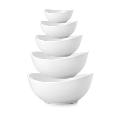 Porcelain Serving Bowls set for Entertaining, 3-11-20-32-50 Ounce, Scratch Resistant, 5 Piece Serving Bowl Set, Prep Salad Bowls for Christmas Thanksgiving, Dishwasher Safe, Pure White