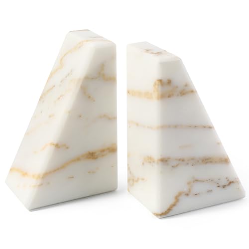 Karibiber Marble Bookends for Heavy Books, Calacatta Decorative Book Ends for Shelves, Unique and Heavy Bookends for Hardback Book & Cookbooks, Stone Book Stopper, Modern Book Holder,Set of 2 - color: Glden&white