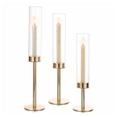 Hewory Gold Candlestick Holders: 3PCS Cylinder Glass Hurricane for Tapers | Elegant Tall Taper Candle Holders at 3 different heights, Table Centerpiece for Wedding, Party, Ralph Lauren Christmas Decor - color: Gold, size: 3pcs
