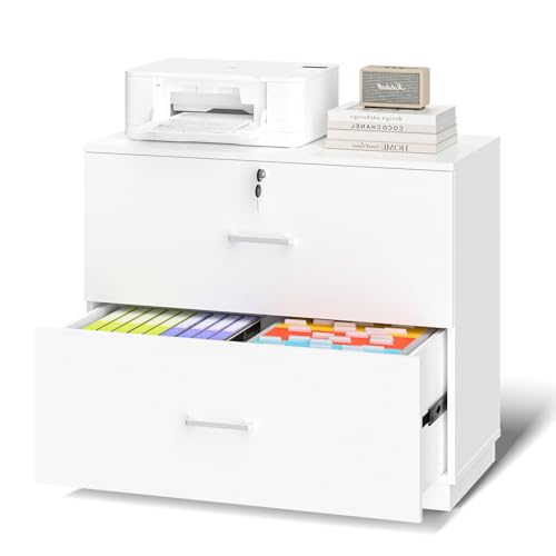 VINGLI 2 - Drawer Lateral File Cabinet with Lock, Lockable Wood Filing cabinets for Home Office, Wooden Printer Stand with 2 Drawers for Letter Legal A4 Size File Folder Storage, Archivador, White - color: White