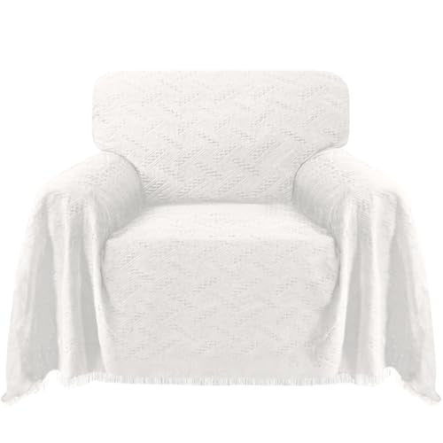 Turquoize Cotton Sofa Cover - White Couch Protector - Washable Sectional Sofa Couch Covers for Dogs - Geometrical Woven Jacquard Fabric (71"x91", Medium, White) - color: White, size: Medium: 71"x 91"