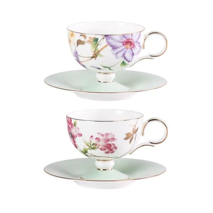 KAMMAK Tea Cups Set of 2,Ceramic Floral Pattern Demitasse Cup | Porcelain Espresso Cup with Saucer, 7.44 oz Handmade Elegant Bone China Tea Cups for Latte, Americano, Cappuccino - color: Begonia + Passionflower