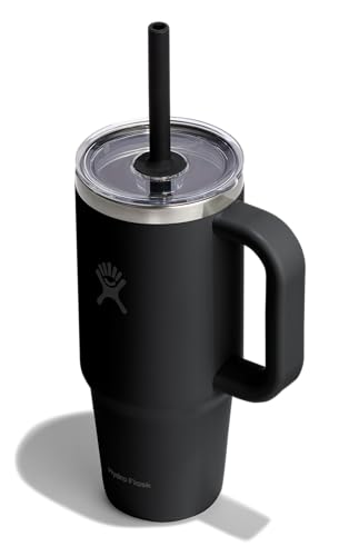 Hydro Flask Travel Tumbler with Handle, Clear Lid and Straw - Insulated Stainless Steel - color: Black, size: 24 Ounces