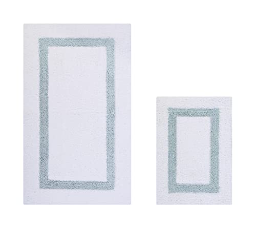 Better Trends 100% Cotton Hotel Collection Bath Mats Set, White & Blue Mats - Tufted, Reversible & Absorbent & Machine Washable 2 Piece Bathroom Rug Set, Shower & Sink Bath Rug - color: White & Blue, size: 2 Piece Set (17" x 24" | 24" x 40")