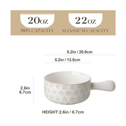 MALACASA French Onion Soup Bowls with Handles, Oven Safe Bowls Set of 4 | 20 oz 5 Inch Soup Crocks for Chilli, Beef Stew, Cereal, Pasta, Elegant Embossed, Crack Resistant Durability, Series LYDIA