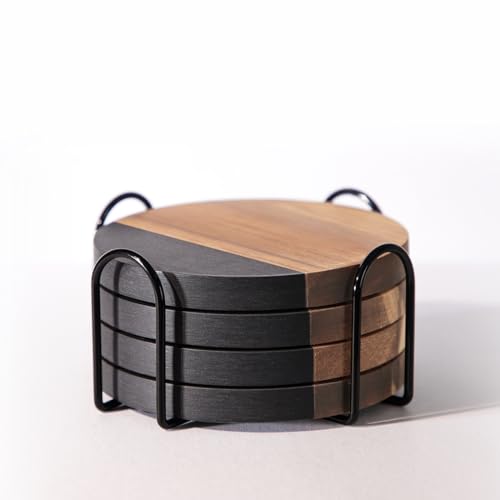 WLWNWFT Black Marble Acacia Wood Drinks Coasters Set of 4 with Holder, Modern Rustic Wooden Coasters for Drinks Coffee Table Dining Table Desk Christmas Housewarming Home Office