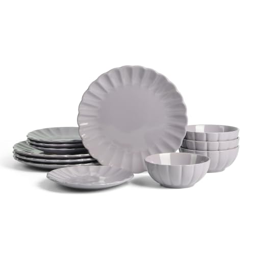 Earth & Clay Phoenix 12-Piece Dinnerware Set Stoneware, Plates and Bowls Set, Dishwasher and Microwave Safe, Dish Set for 4, Lilac - color: Lilac, size: 12-Piece - Service for 4