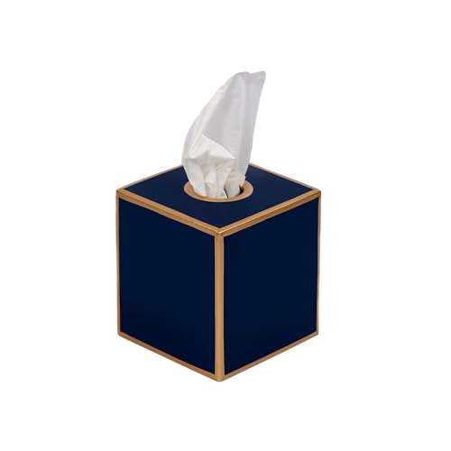 Jaye's Studio Tissue Box Cover Square, Indigo Blue Metal Gold Cube Holder | Matte Hand-Painted Finish, Fits Standard Facial Boxes, Polished Trim, Open Bottom, Study Library Use - color: Indigo Blue