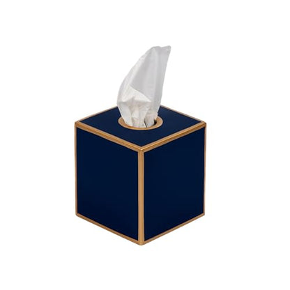 Jaye's Studio Tissue Box Cover Square, Indigo Blue Metal Gold Cube Holder | Matte Hand-Painted Finish, Fits Standard Facial Boxes, Polished Trim, Open Bottom, Study Library Use - color: Indigo Blue