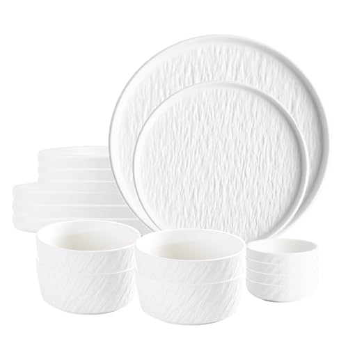AOSIFIEL Ceramic Dinnerware set for 4, 16 pcs, Dish set for 4, Plates and Bowls Set Porcelain, Dishware Sets Stoneware Dinner Plates Sets White Platos de Cocina Vajilla - color: White Rock-Textured（16pcs）