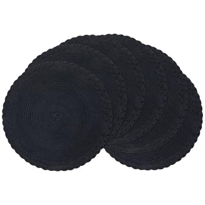 SHACOS Round Placemats Set of 6 Woven Round Table Mats 15 inch Braided Border Washable Cotton Polyester Circle Place Mats, Black - color: Black, size: 6 pieces
