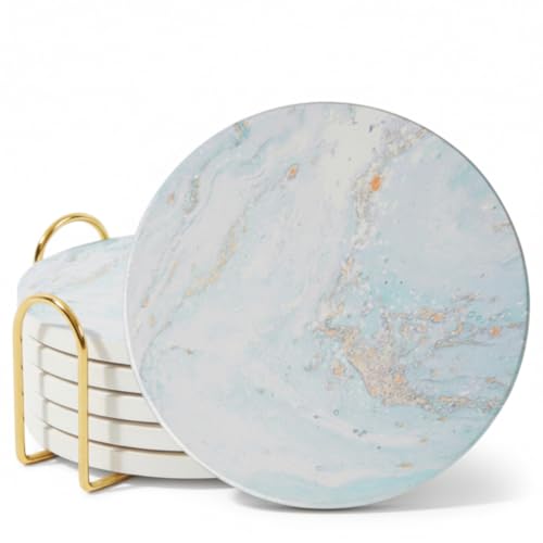 Ceramic Marble Coasters Set of 6, Absorbent Drink Coasters for Table | Colorful moisture-absorbing marble stone coasters; coffee table decor, cute alternative to cork, silicone or glass - color: Marble Design