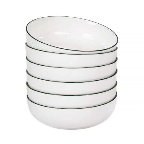 OTAGO 8" Stoneware Salad and Pasta Bowls Set of 6, Porcelain Ceramic Bowls with Green Rim, Microwave & Dishwasher Safe Tableware for Kitchen, Dinner & Dining - color: Green Rim, size: 6 Pieces