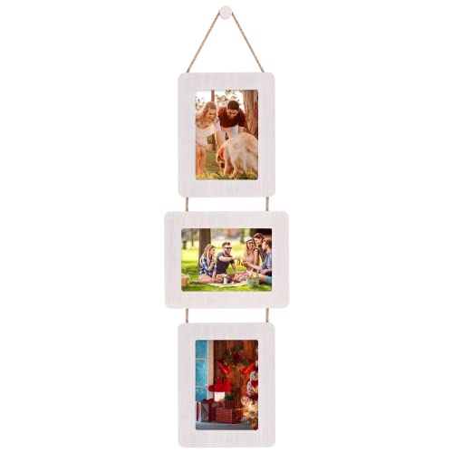 5x7 Collage Picture Frame, 3 Opening, Rustic Wood, Weathered White | Wall-Mounted Hanging Design, Displays 4x6 Photos with Mat or 5x7 Photos Without Mat, Three-Opening Layout - color: Vintage White, size: 3 Opening