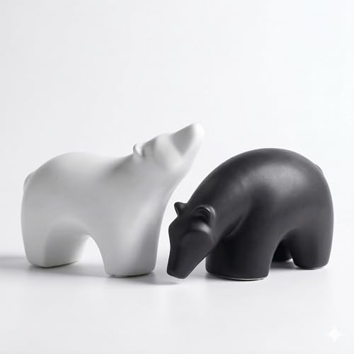 Modern Ceramic Bear Figurines, Black and White, Set of 2, Home Decor Sculptures (Middle)