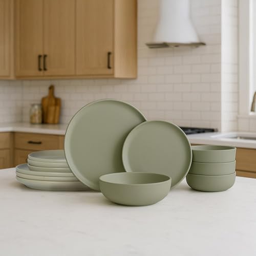 12-Piece Stoneware Dinnerware Set with Mugs | Microwave and Dishwasher Friendly | Stackable Matte Glaze Plates & Bowls | Service for 4 - color: Green for 4