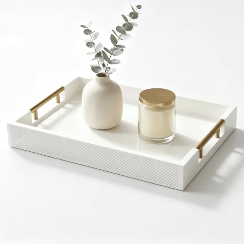 Decorative Serving Tray, Modern Rectangle Wood Tray with Polished Metal Handles, Glossy Finish, 16.5x12 Inch, for Coffee Table, Ottoman (White) - color: White