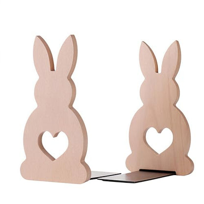 2-Pack Bunny Beech Bookends, 6.7x3.5in | Solid Wood, Natural Grain, Non-Slip Base, Detachable, for Shelves/Desk/Kids Room - color: Beech Wood Rabbit