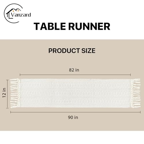 Macrame Table Runner Cream Beige Boho Table Runners with Tassels 90 Inches Long, Rustic Farmhouse Table Runners for Bohemian Kitchen Dining Table(12x90in, Fringe Included) - color: Cream Beige, size: 12"x90"