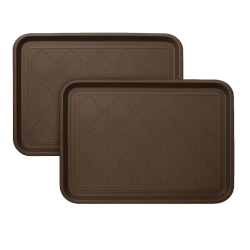 2 Pack Boot Tray & Shoe Mat for Entryway – 16.5" x 12.5" Floor Protector for Wet & Muddy Shoes, Pets, Plants – Waterproof Plastic with Raised Edge for Indoor/Outdoor Use (Brown) - color: Brown