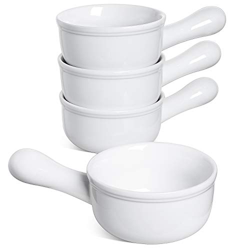 LE TAUCI Soup Bowls with Handle, 15 Oz Ceramic French Onion Soup Bowls, Large Soup Crocks Oven Safe for Stew, Onion, Soup, Chilli, Set of 4, White - color: White
