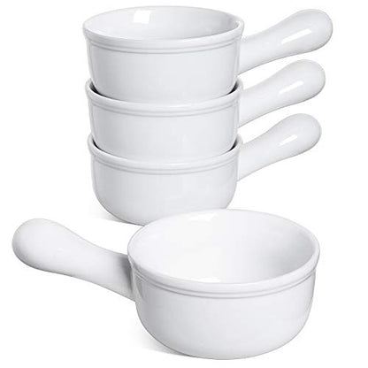 LE TAUCI Soup Bowls with Handle, 15 Oz Ceramic French Onion Soup Bowls, Large Soup Crocks Oven Safe for Stew, Onion, Soup, Chilli, Set of 4, White - color: White