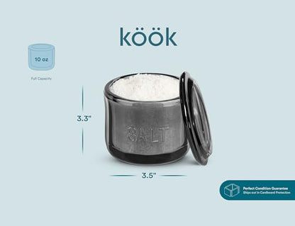 KooK Glass Salt Cellar, with Lid, Embossed Pressed Glass, Clear Storage Container, for Coffee, Sugar, Spices and Candies, 10 oz (Black) - color: Black