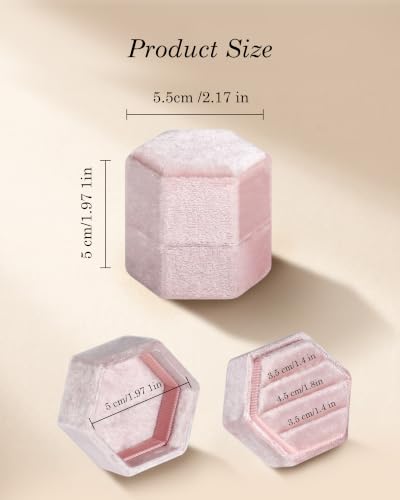 Velvet Jewelry Ring Box, 3 Slots Hexagon Engagement Wedding Ring Holder for Wedding Ceremony Proposal - color: Blush Peach