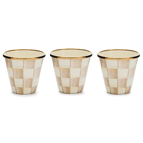 MACKENZIE-CHILDS Enamel Herb Pot Set, Small, Brown-and-White Mocha Check | Hand-painted design, small plant pots for herbs or flowers, 3.5" dia. x 3.25" H, 8-ounce capacity per pot, set of 3 - color: Mocha Check