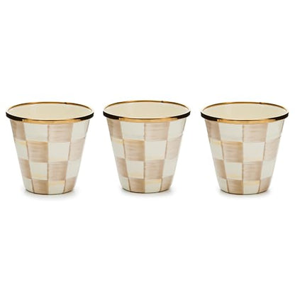 MACKENZIE-CHILDS Enamel Herb Pot Set, Small, Brown-and-White Mocha Check | Hand-painted design, small plant pots for herbs or flowers, 3.5" dia. x 3.25" H, 8-ounce capacity per pot, set of 3 - color: Mocha Check