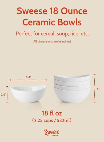 Sweese Porcelain Bowls Set of 4-18oz, 6 Inch, Versatile for Soup, Cereal, Fruit, Rice - Microwave, Dishwasher, Oven Safe, White - size: 6.2 Inch