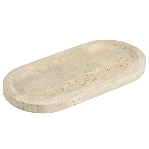 Marble Tray in Oval Travertine, 9.8 x 4.7 in Decorative Stone Organizer for Perfume Candles and Jewelry, Polished Storage with Non-Slip Base, for Bathroom Vanity Dresser and Kitchen Counter