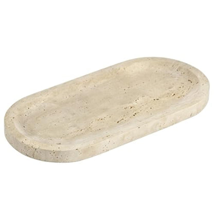 Marble Tray in Oval Travertine, 9.8 x 4.7 in Decorative Stone Organizer for Perfume Candles and Jewelry, Polished Storage with Non-Slip Base, for Bathroom Vanity Dresser and Kitchen Counter