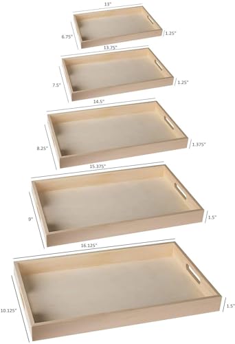 Wood Serving Tray Set with Handles - 5-Piece Nested Breakfast Trays for Food, Party Buffet, Organizing, and Montessori - Versatile Wooden Trays for Serving, Catering, and Bathroom Use