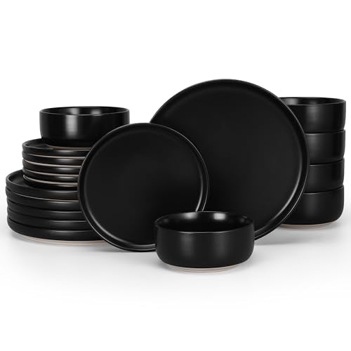 HaWare Stoneware Dinnerware Sets, 18-Piece Plates and Bowls Set for 6, Dishes Set for Home Restaurant, Frosting Black - color: Matte Black, size: 18pcs for 6