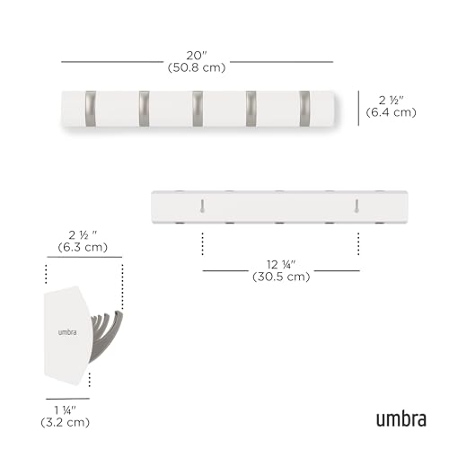 Umbra Flip Coat Rack, Wall Mounted 5-Hook Space Saving, White/Nickel | Real wood and steel build, retractable hooks fold flat, holds coats bags and scarves, easy install - color: White/Nickel, size: 5-Hook