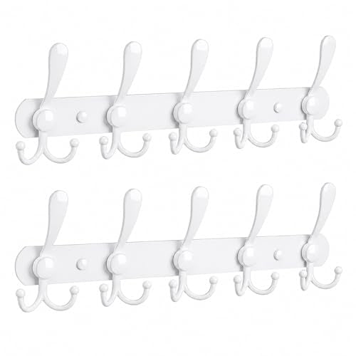 YUNISS Coat Rack Wall Mounted，5 Tri Stainless Steel Coat Hook for Coat Hat Robes Towel in Mudroom Entryway (White, 2 Pack 5 Hook) - color: White, size: 2 Pack 5 Hook