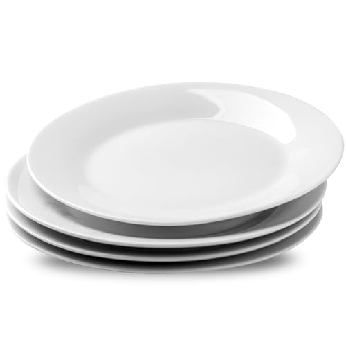 fMBB 4-Piece Salad Plates Set, 8 inch Ceramic Lightweight Round Plate Dessert Dish, Smooth Glaze - White Modern Dinnerware Set for Kitchen Serving - color: Round7.87"