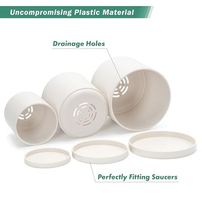 D'vine Dev 3-Pack Plastic Pots & Saucers, 4/5/6 in, Oatmeal, 74-V-H-1 | Multi-Size Options, Lightweight Durable, Matte Finish, Cylinder Shape, Drainage Holes, Sleek Design, Detachable Saucer - color: Oatmeal, size: Small