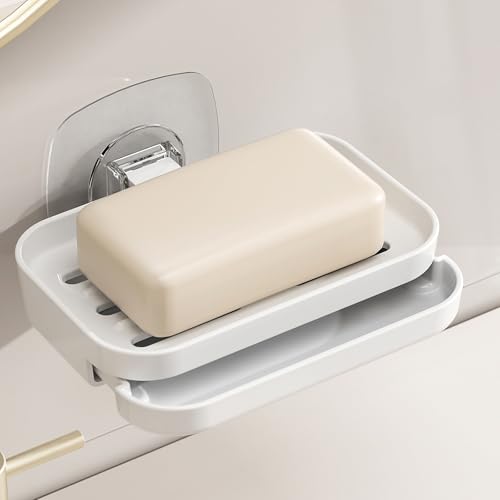 Soap Dish for Shower White Soap Holder with Strong Adhesive(1Pack) | No drilling self-draining design pull-out drip tray perfect for rv bathrooms & kitchens—keeps soap dry mess-free easy clean - color: White