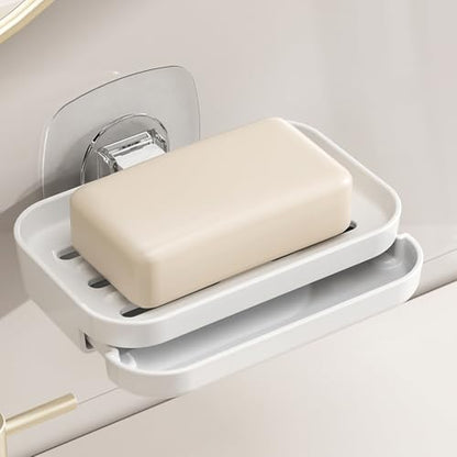 Soap Dish for Shower White Soap Holder with Strong Adhesive(1Pack) | No drilling self-draining design pull-out drip tray perfect for rv bathrooms & kitchens—keeps soap dry mess-free easy clean - color: White