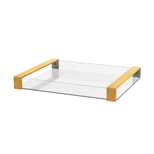Acrylic Serving Tray with Wooden Handles, Rectangle | Clear, For Bathroom Vanity, Coffee Table, Kitchen Counter, Ottoman, For Food, Drinks, Perfume, Cosmetics, Decorative
