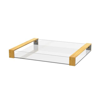 Acrylic Serving Tray with Wooden Handles, Rectangle | Clear, For Bathroom Vanity, Coffee Table, Kitchen Counter, Ottoman, For Food, Drinks, Perfume, Cosmetics, Decorative