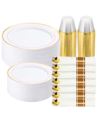 490 Piece Gold Plastic Dinnerware Set for 70 Guests | Disposable Dinnerware Includes: 70 Dinner Plates, 70 Dessert Plates, 70 Pre Rolled Napkins with Silverware, 70 Cups - color: Gold, style: 490 Piece (70 guests)