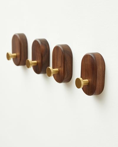 Wood Coat Hooks Wall Mount - Modern Walnut Coat Hook with Bronze Accent for Hanging Clothes,Keys,Purse,Robes,Towel,Backpacks, Single Brass Wall Hooks Heavy Duty for Entryway, Closet, Bathroom (4 Pack) - size: HT-4Pack